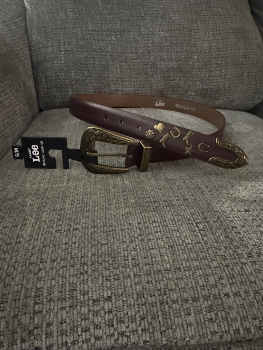 Lee Brown Leather Western-Style Belt with Gold Accents